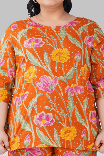 Burnt Orange Plus Size Cotton Printed Pyjama Set