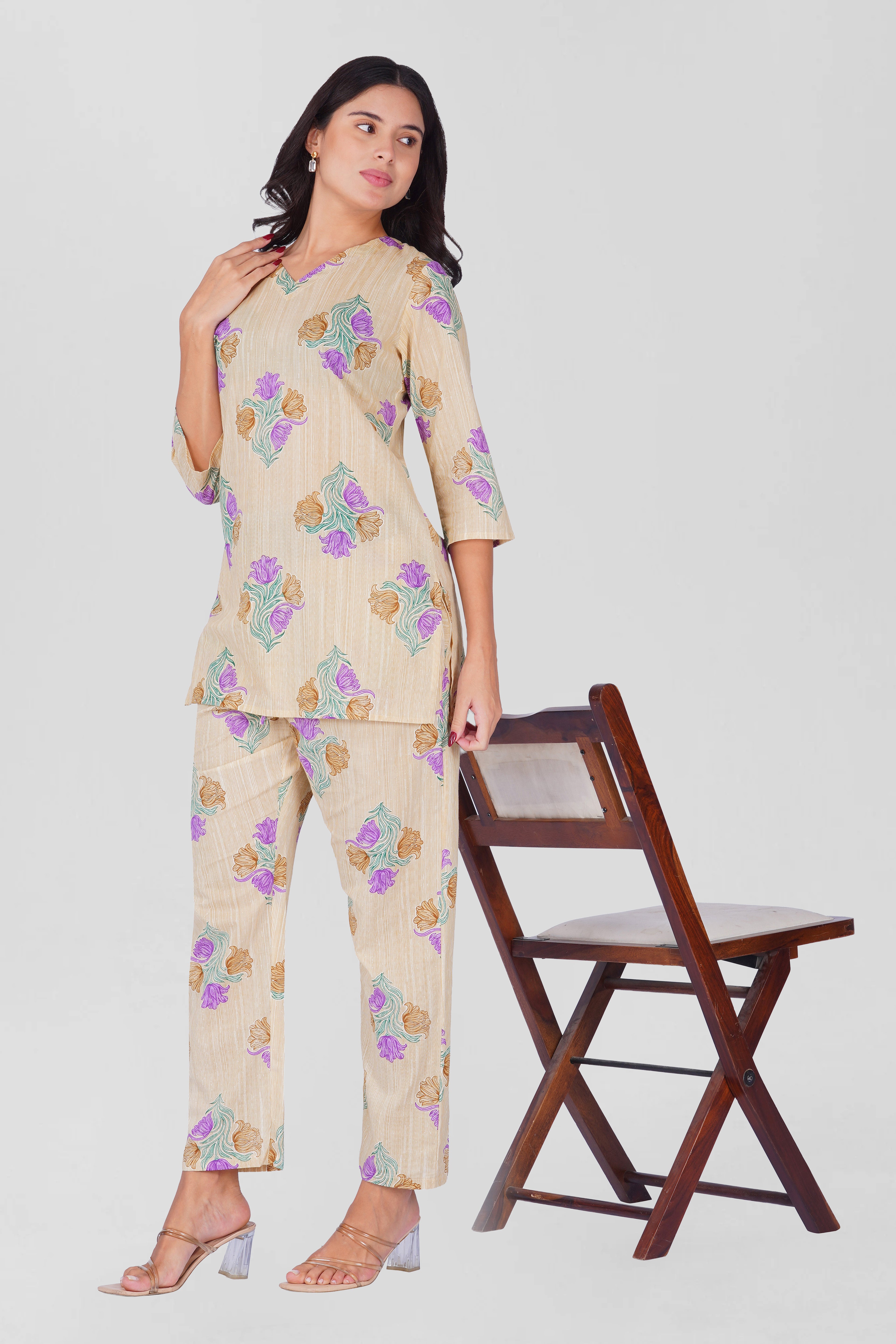 Butter Cream V Neck Cotton Printed Pyjama Set