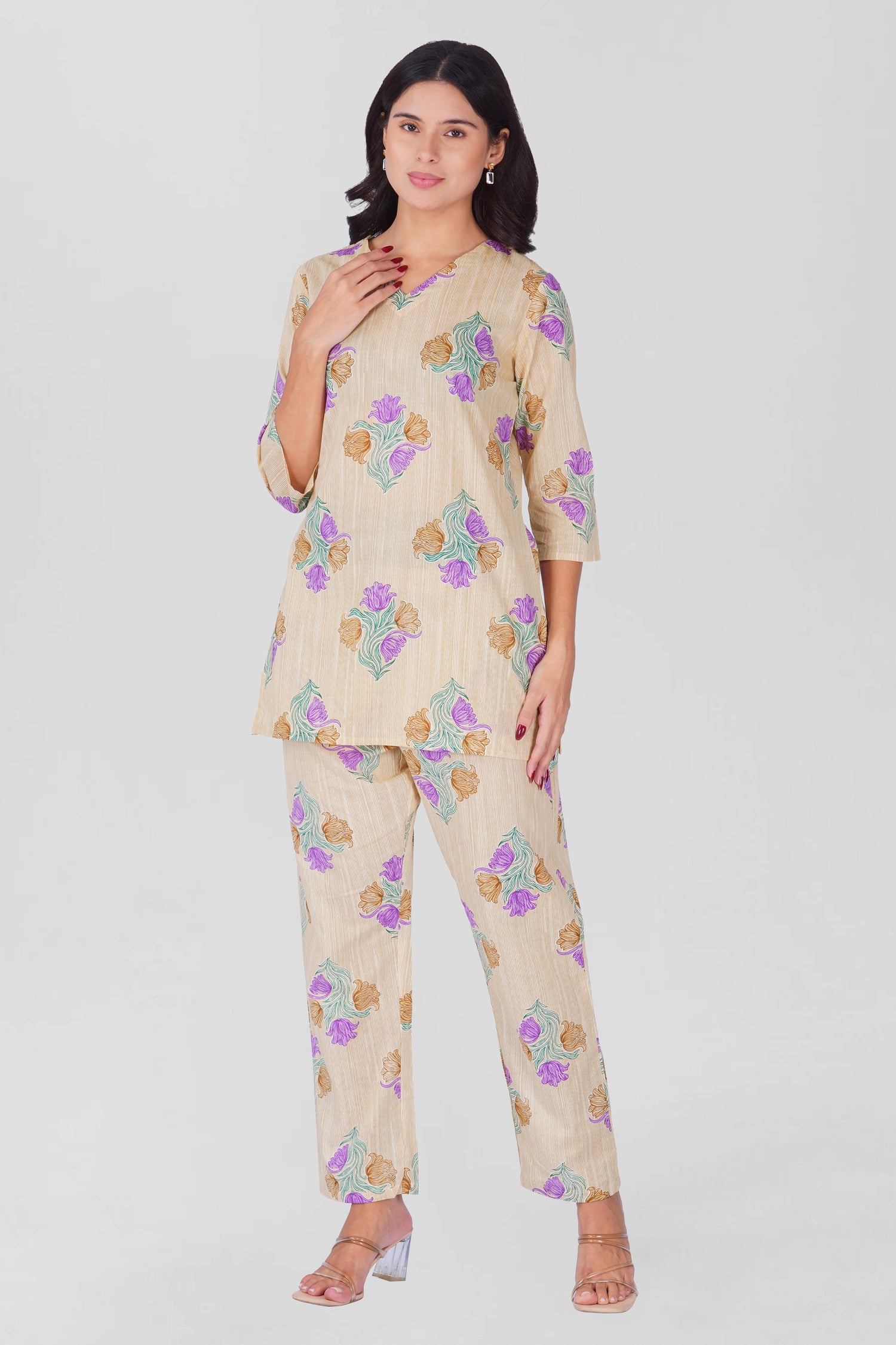Butter Cream V Neck Cotton Printed Pyjama Set