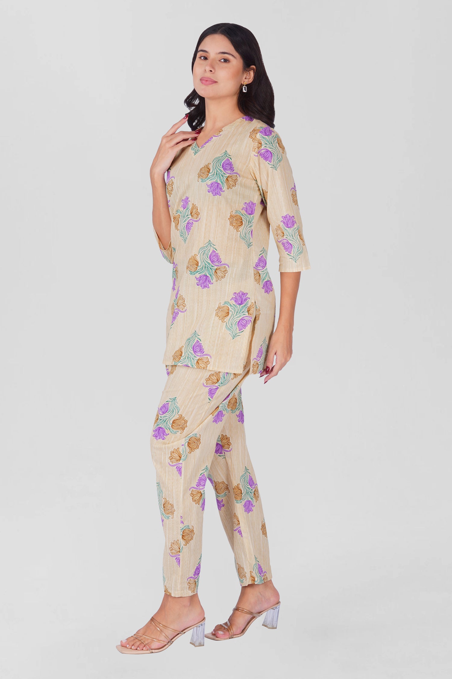 Butter Cream V Neck Cotton Printed Pyjama Set