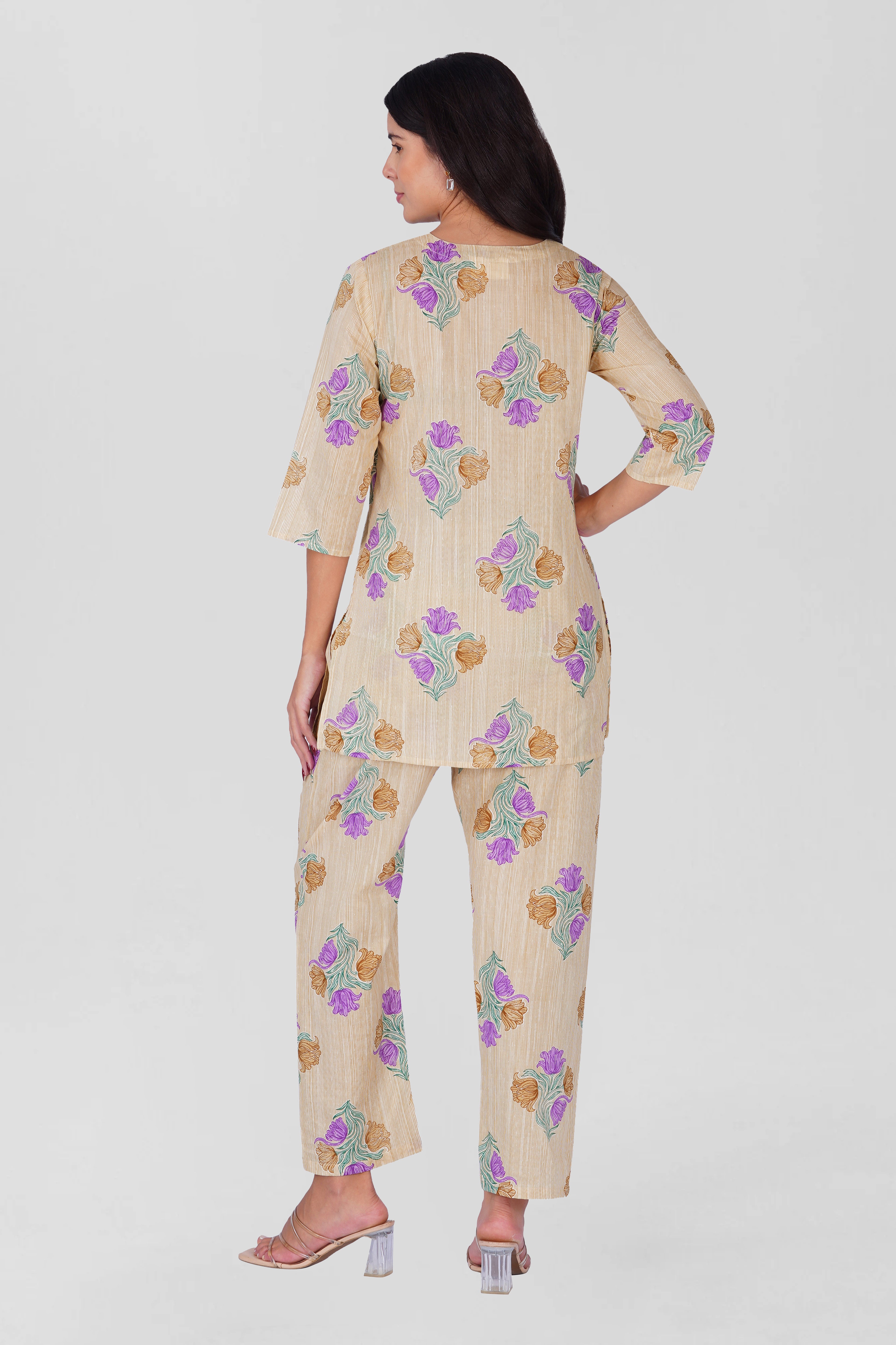 Butter Cream V Neck Cotton Printed Pyjama Set