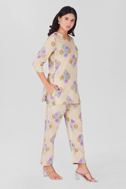Butter Cream V Neck Cotton Printed Pyjama Set