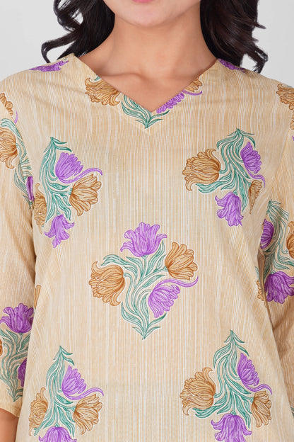 Butter Cream V Neck Cotton Printed Pyjama Set