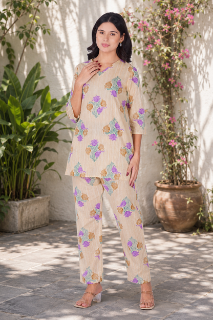 Butter Cream V Neck Cotton Printed Pyjama Set