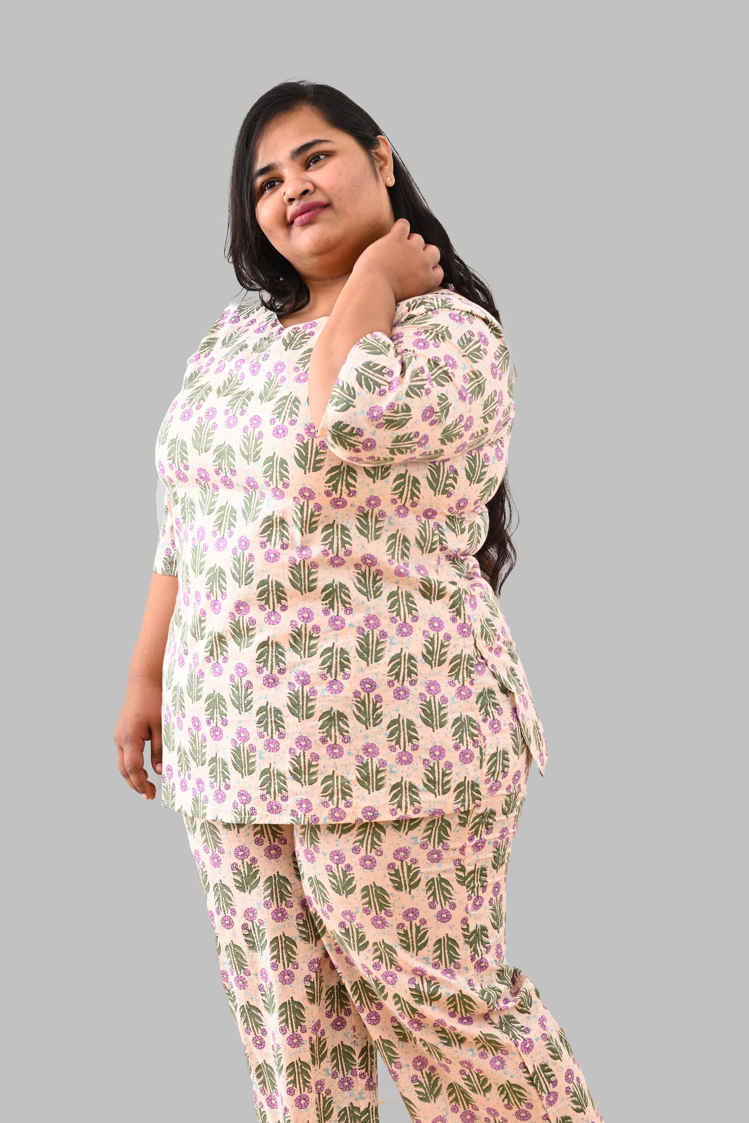 Cream Plus Size Cotton Printed Pyjama Set