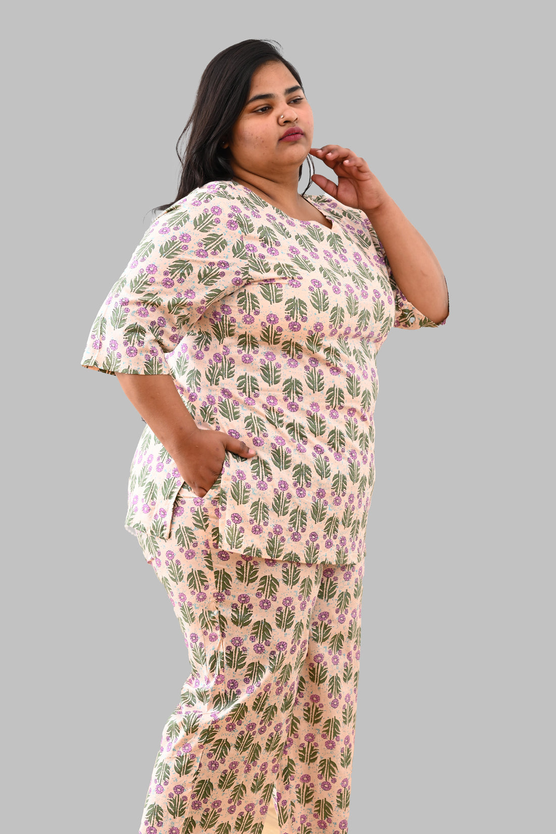Cream Plus Size Cotton Printed Pyjama Set