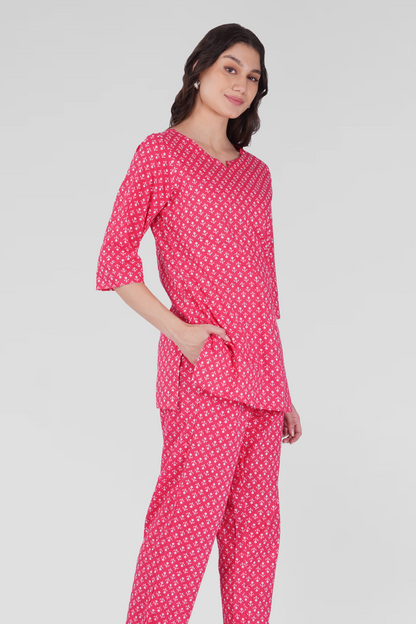 Cerise Pink Cotton Printed Pyjama Set