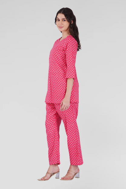 Cerise Pink Cotton Printed Pyjama Set