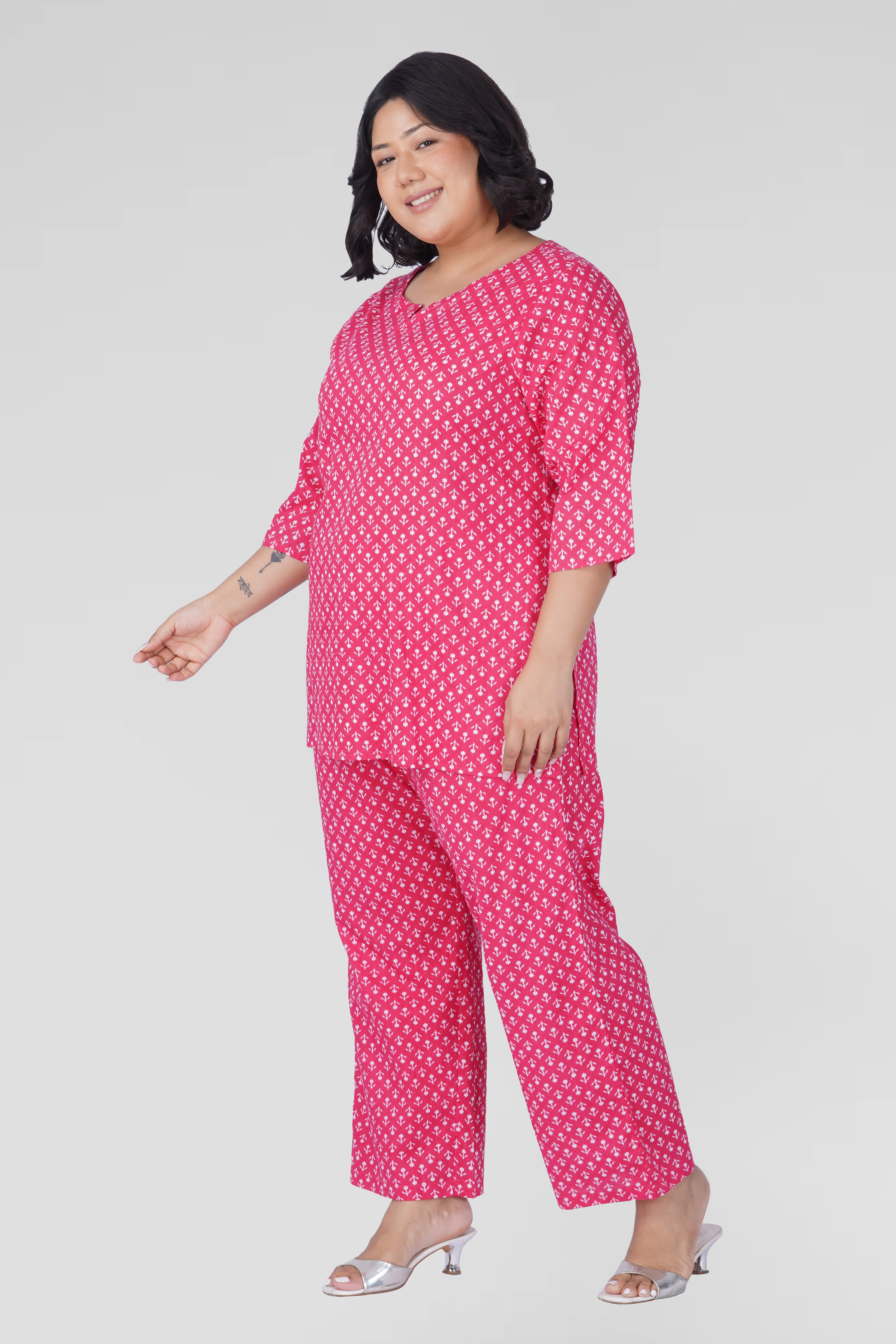 Cerise Pink Plus Size Cotton Printed Pyjama Set