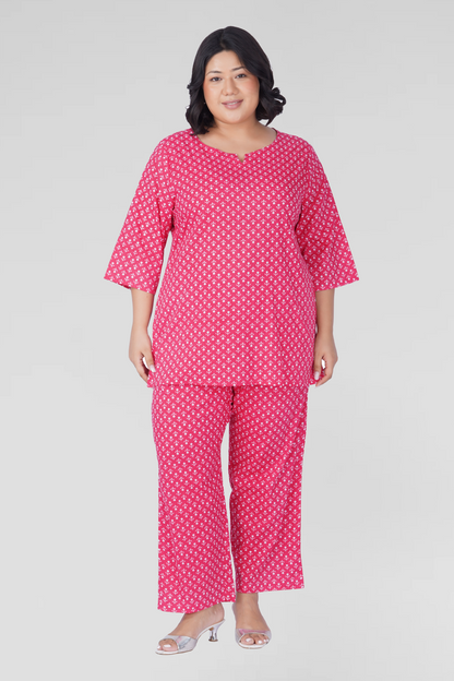 Cerise Pink Plus Size Cotton Printed Pyjama Set