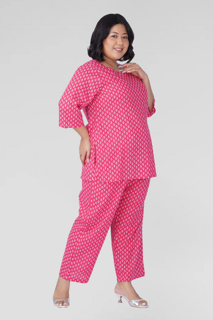 Cerise Pink Plus Size Cotton Printed Pyjama Set
