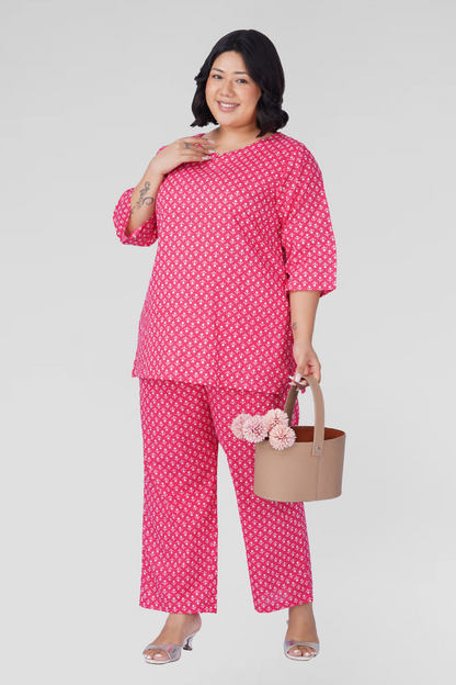 Cerise Pink Plus Size Cotton Printed Pyjama Set