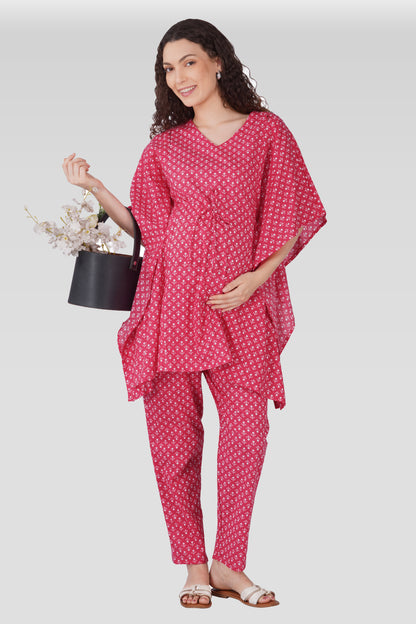 Cerise Pink Cotton Printed Maternity and Feeding Kaftan Set