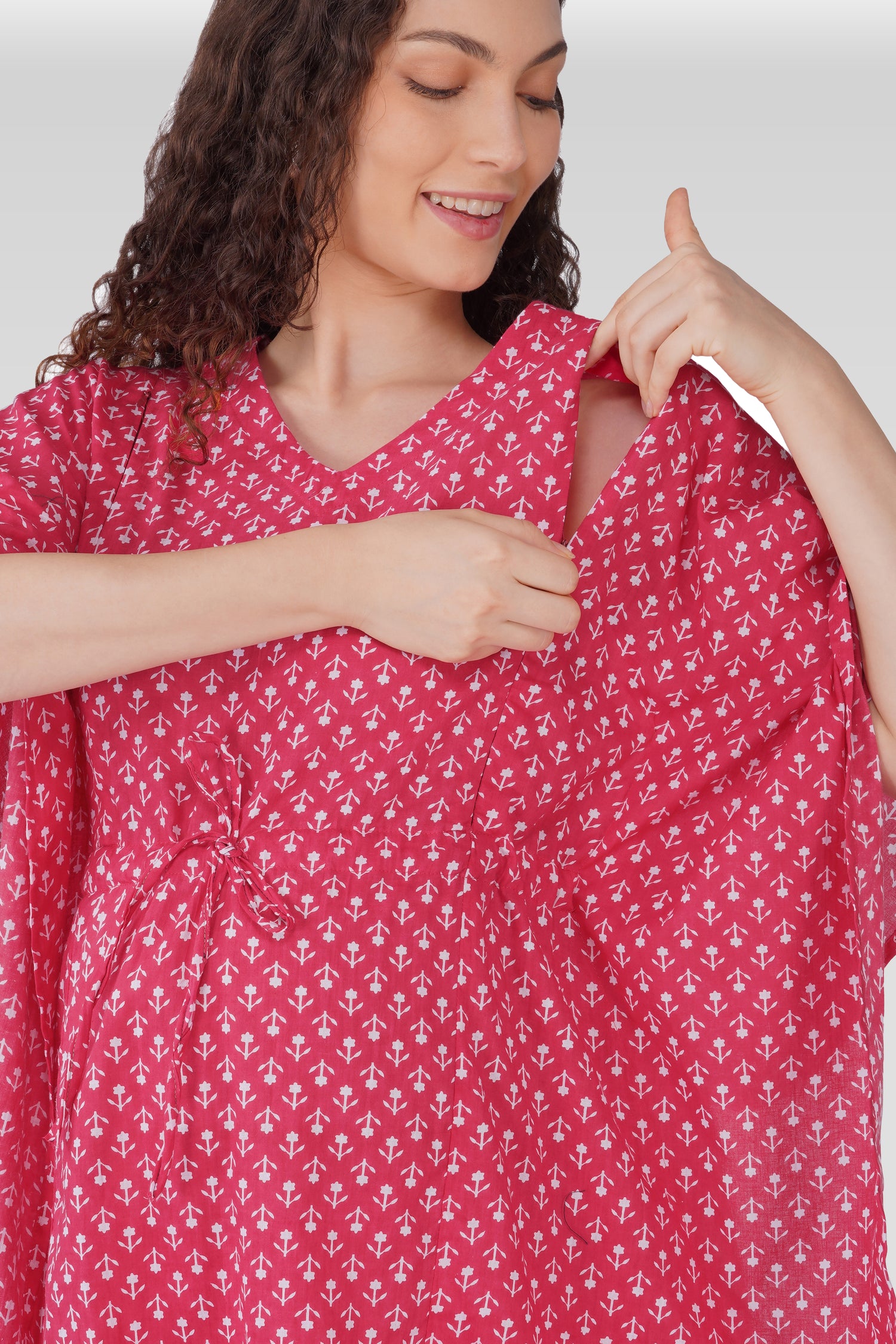 Cerise Pink Cotton Printed Maternity and Feeding Kaftan Set