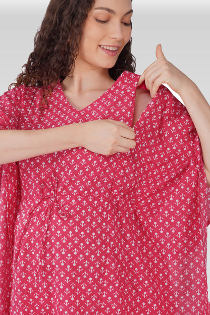Cerise Pink Cotton Printed Maternity and Feeding Kaftan Set