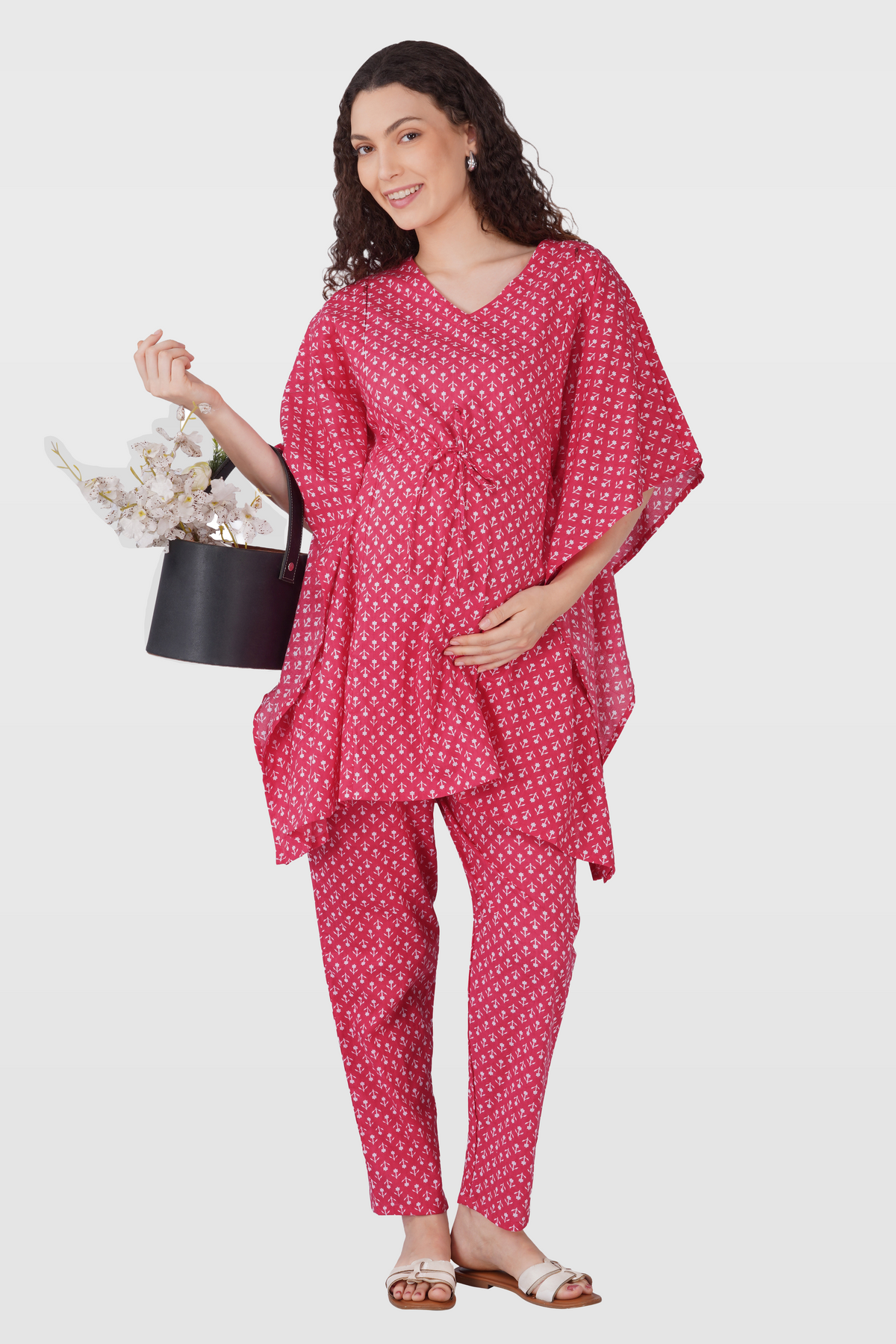 Cerise Pink Cotton Printed Maternity and Feeding Kaftan Set