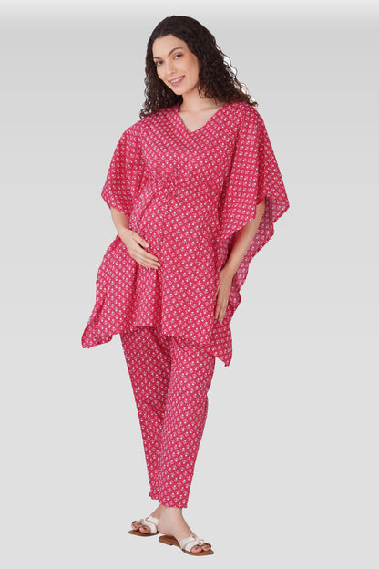 Cerise Pink Cotton Printed Maternity and Feeding Kaftan Set