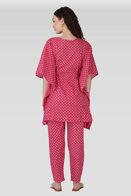 Cerise Pink Cotton Printed Maternity and Feeding Kaftan Set