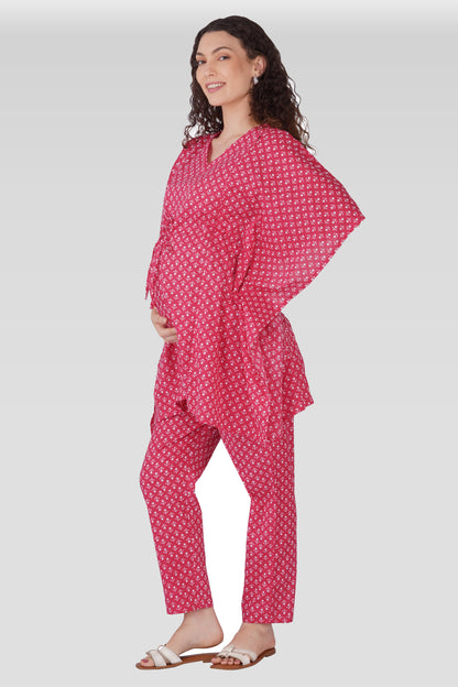 Cerise Pink Cotton Printed Maternity and Feeding Kaftan Set