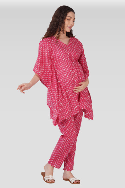 Cerise Pink Cotton Printed Maternity and Feeding Kaftan Set