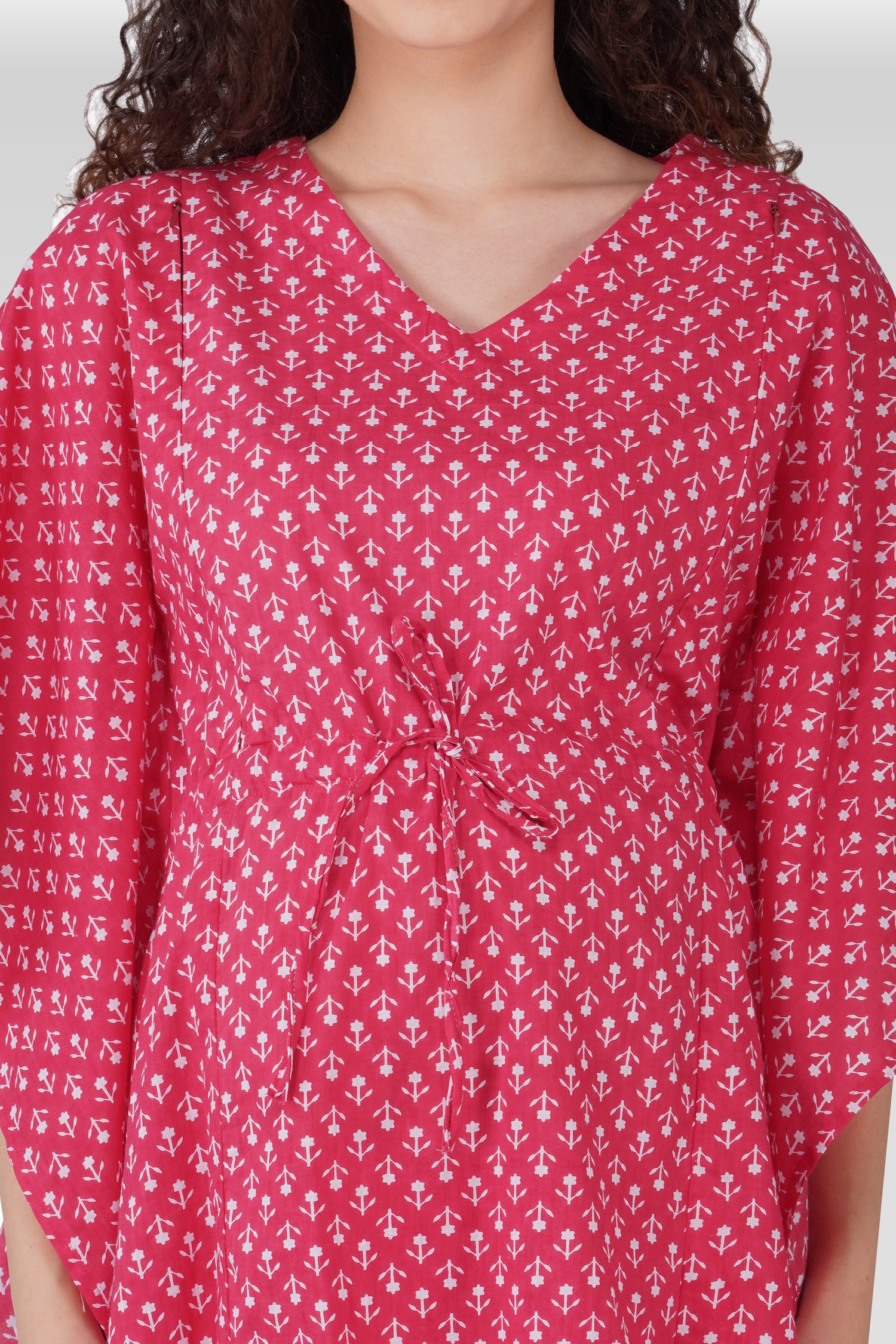 Cerise Pink Cotton Printed Maternity and Feeding Kaftan Set