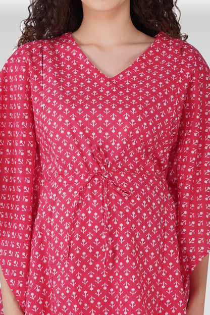 Cerise Pink Cotton Printed Maternity and Feeding Kaftan Set