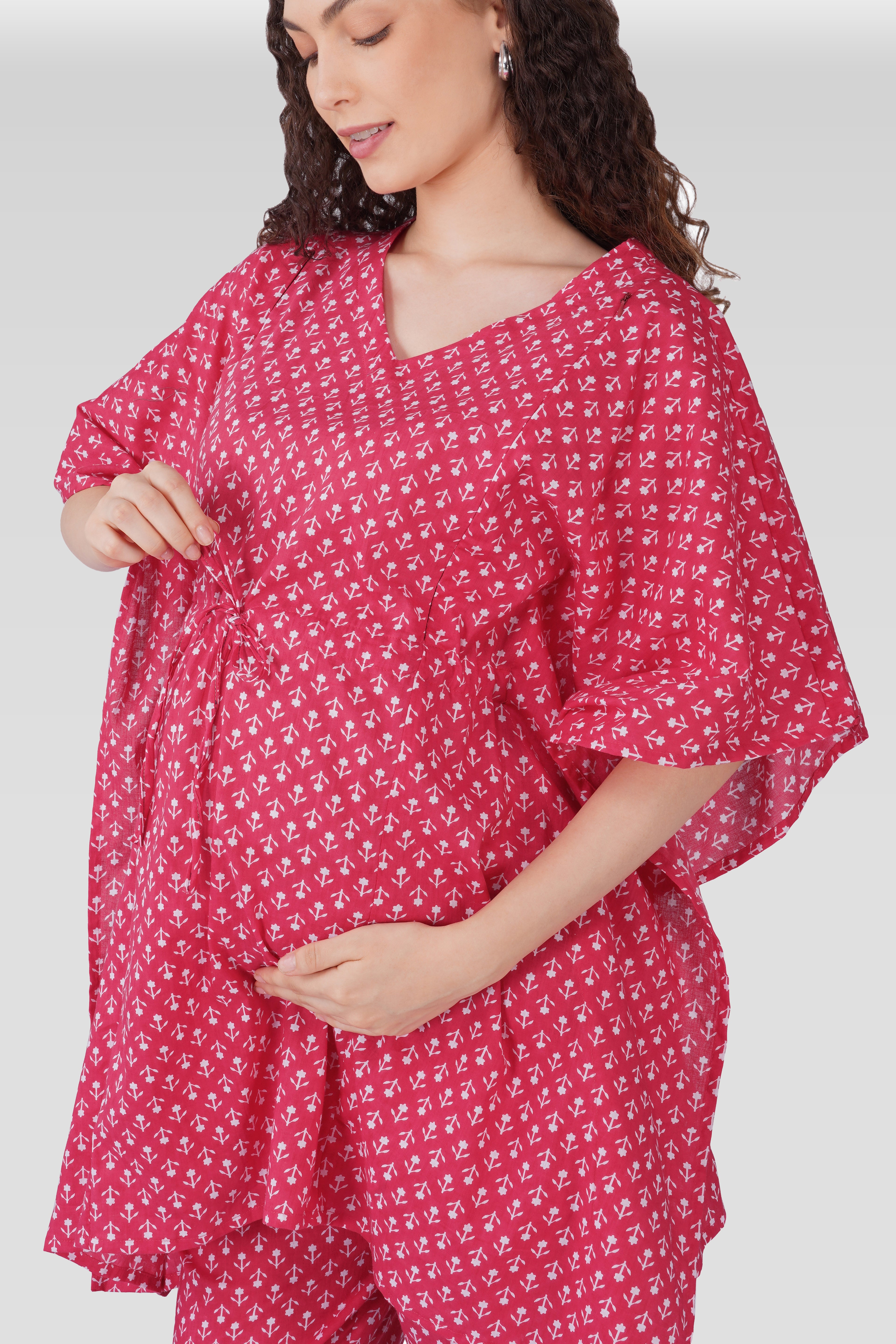 Cerise Pink Cotton Printed Maternity and Feeding Kaftan Set