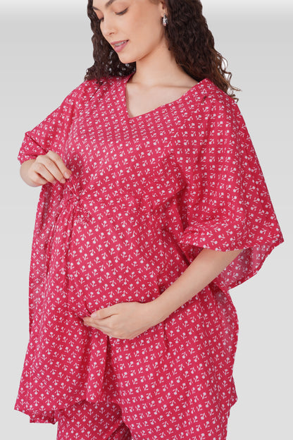 Cerise Pink Cotton Printed Maternity and Feeding Kaftan Set