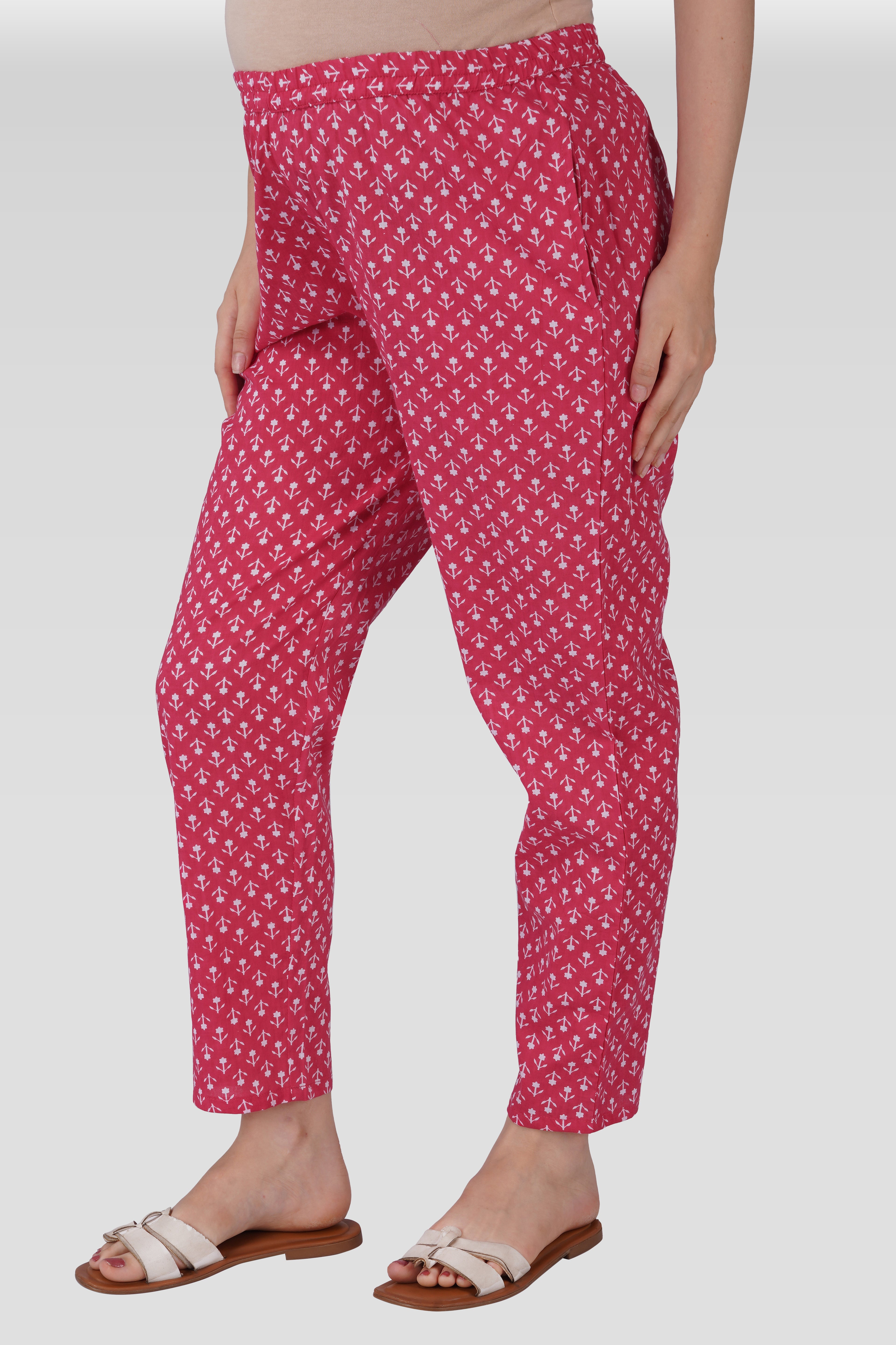 Cerise Pink Cotton Printed Maternity and Feeding Kaftan Set