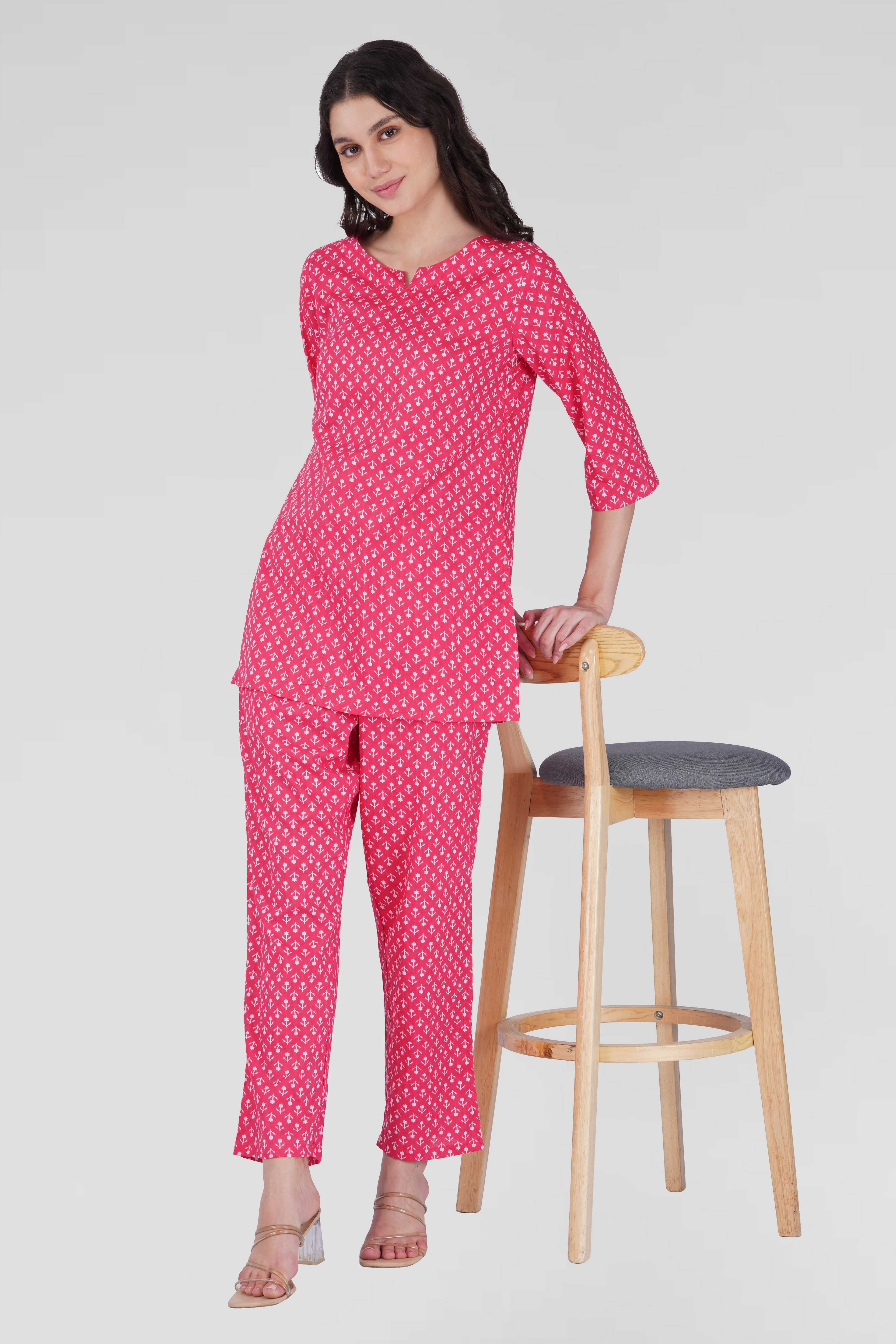 Cerise Pink Cotton Printed Pyjama Set