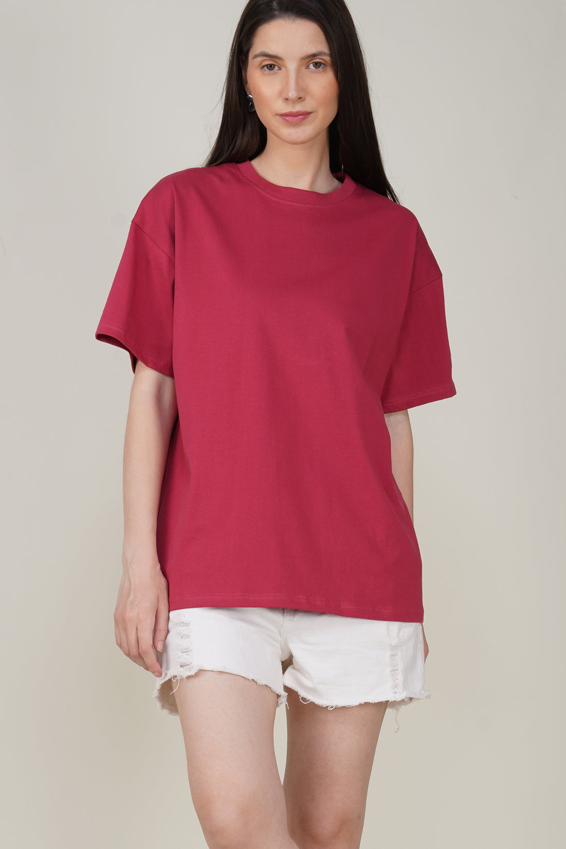 Cerise Red Cotton Oversized Crew Neck T-Shirt