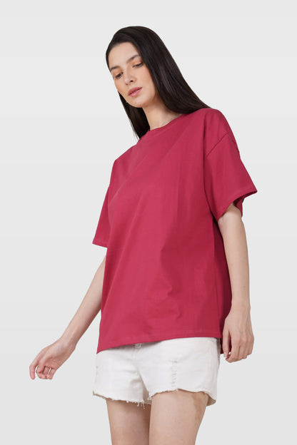 Cerise Red Cotton Oversized Crew Neck T-Shirt