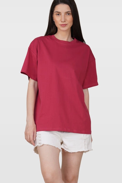 Cerise Red Cotton Oversized Crew Neck T-Shirt