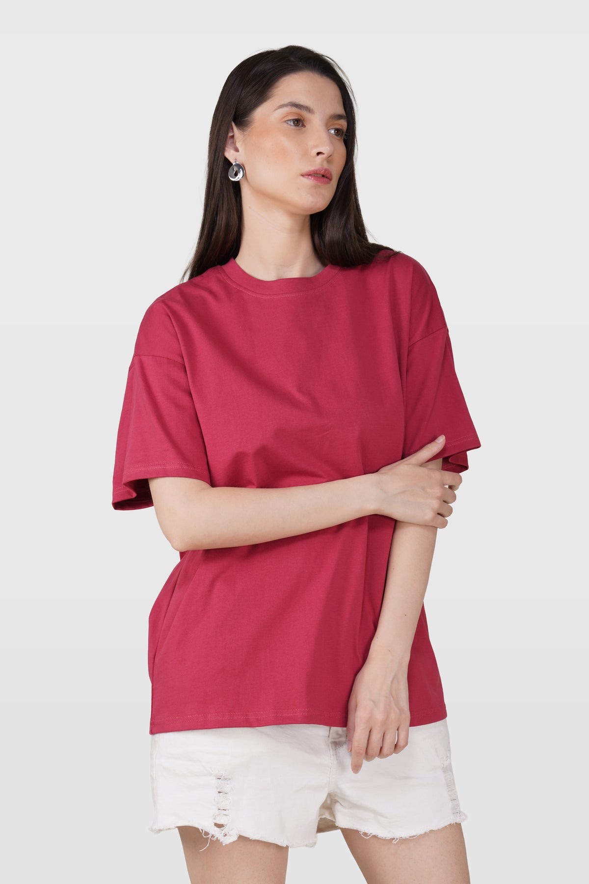 Cerise Red Cotton Oversized Crew Neck T-Shirt