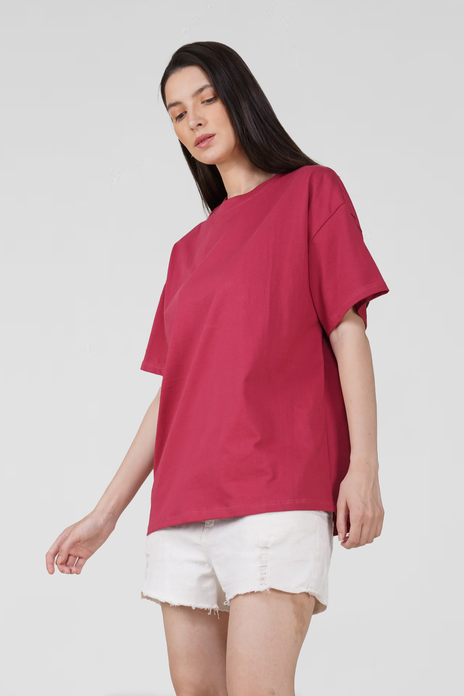 Cerise Red Cotton Oversized Crew Neck T-Shirt