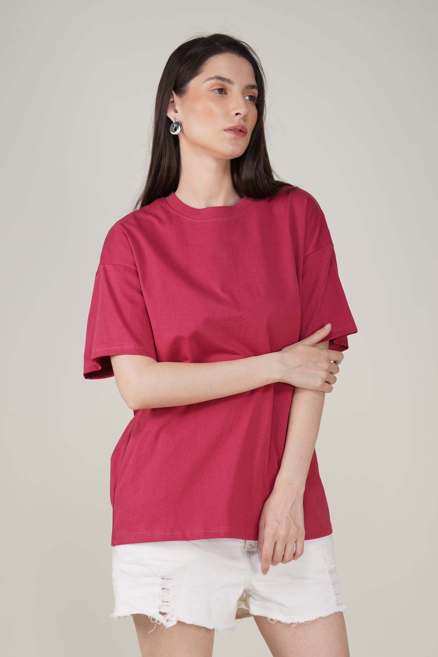 Cerise Red Cotton Oversized Crew Neck T-Shirt