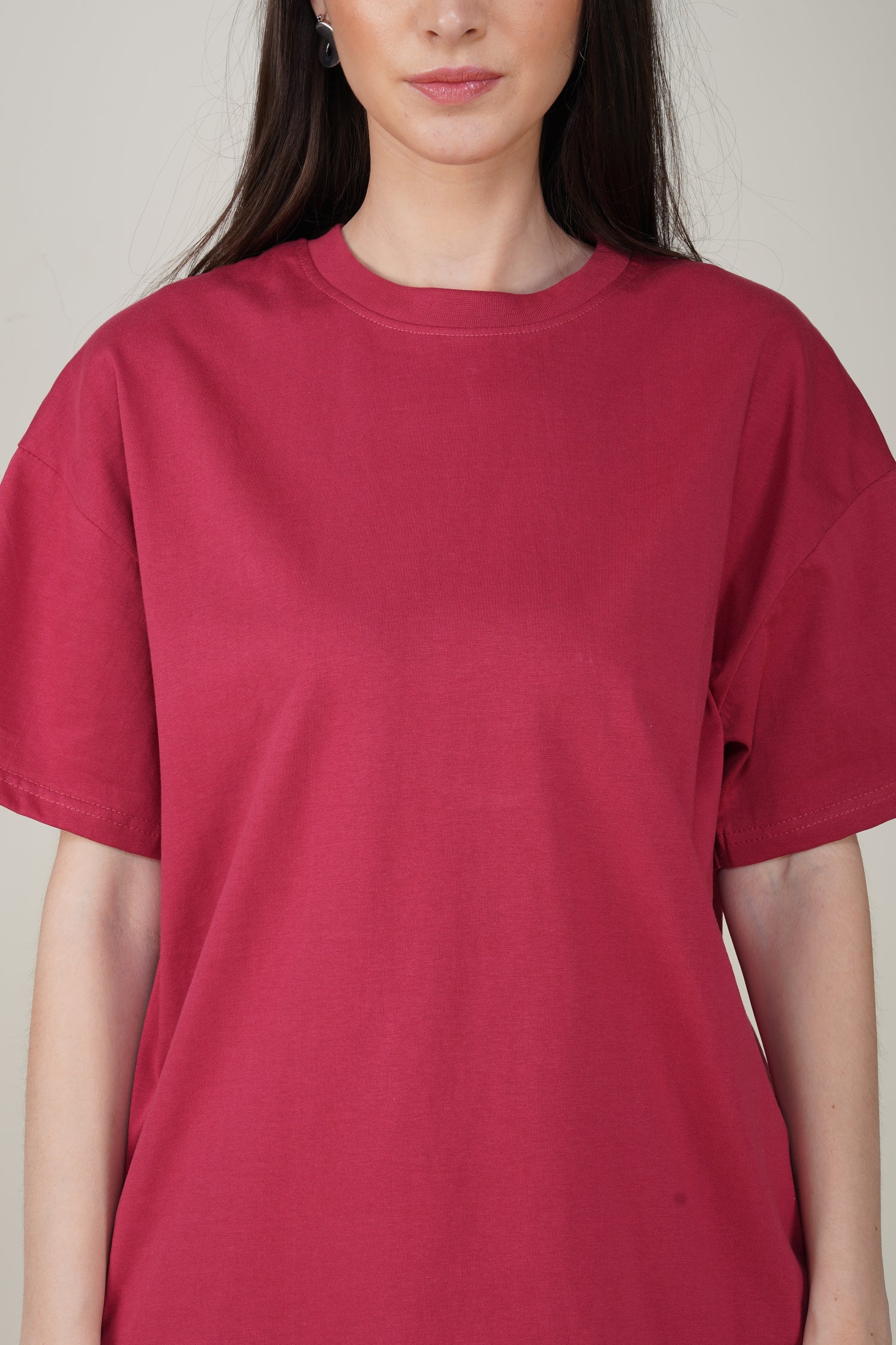Cerise Red Cotton Oversized Crew Neck T-Shirt