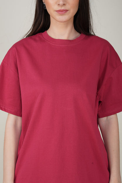 Cerise Red Cotton Oversized Crew Neck T-Shirt