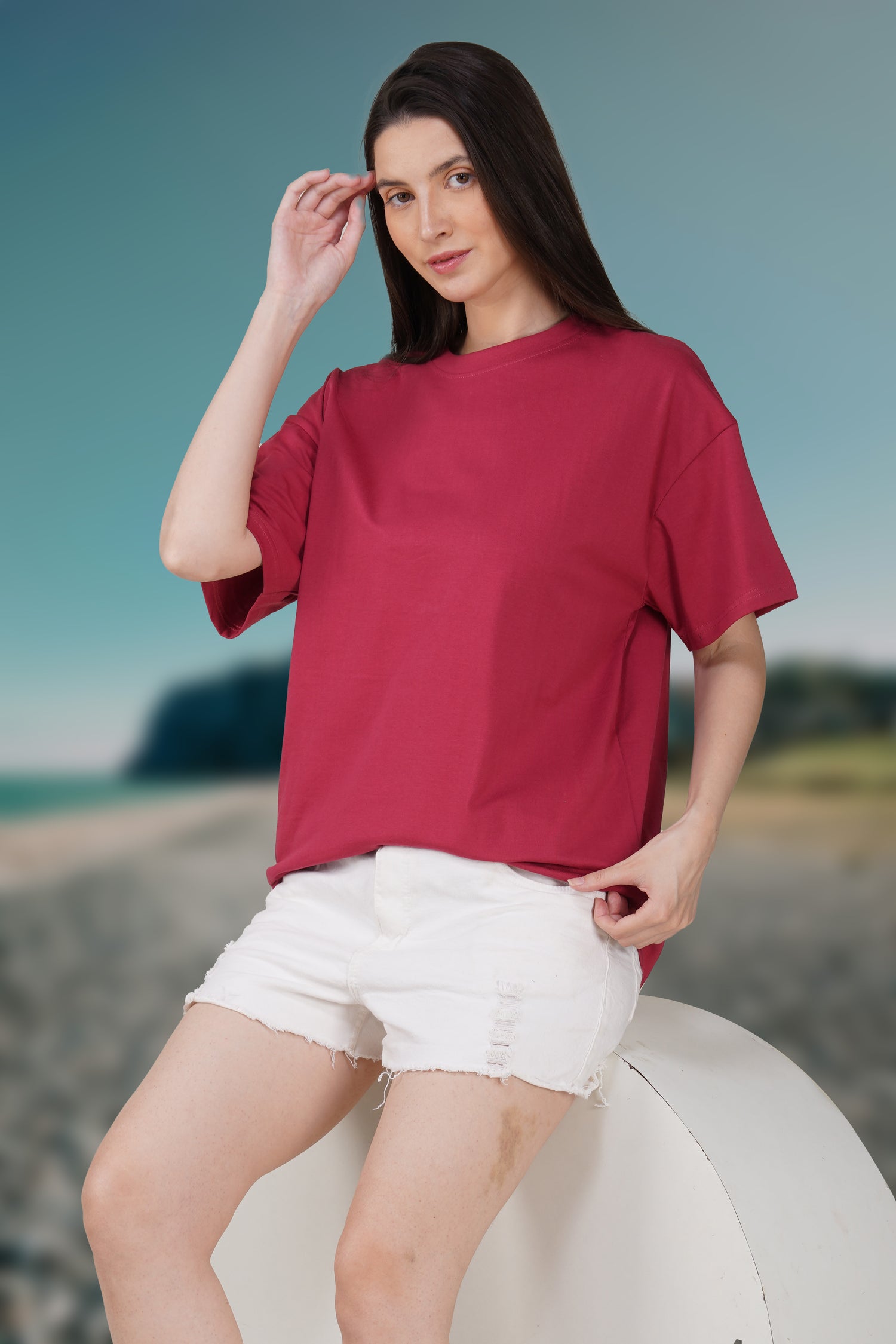 Cerise Red Cotton Oversized Crew Neck T-Shirt