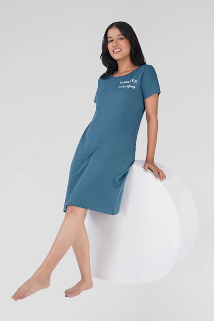 Cool Blue Cotton Printed T-Shirt Nightdress