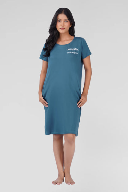 Cool Blue Cotton Printed T-Shirt Nightdress
