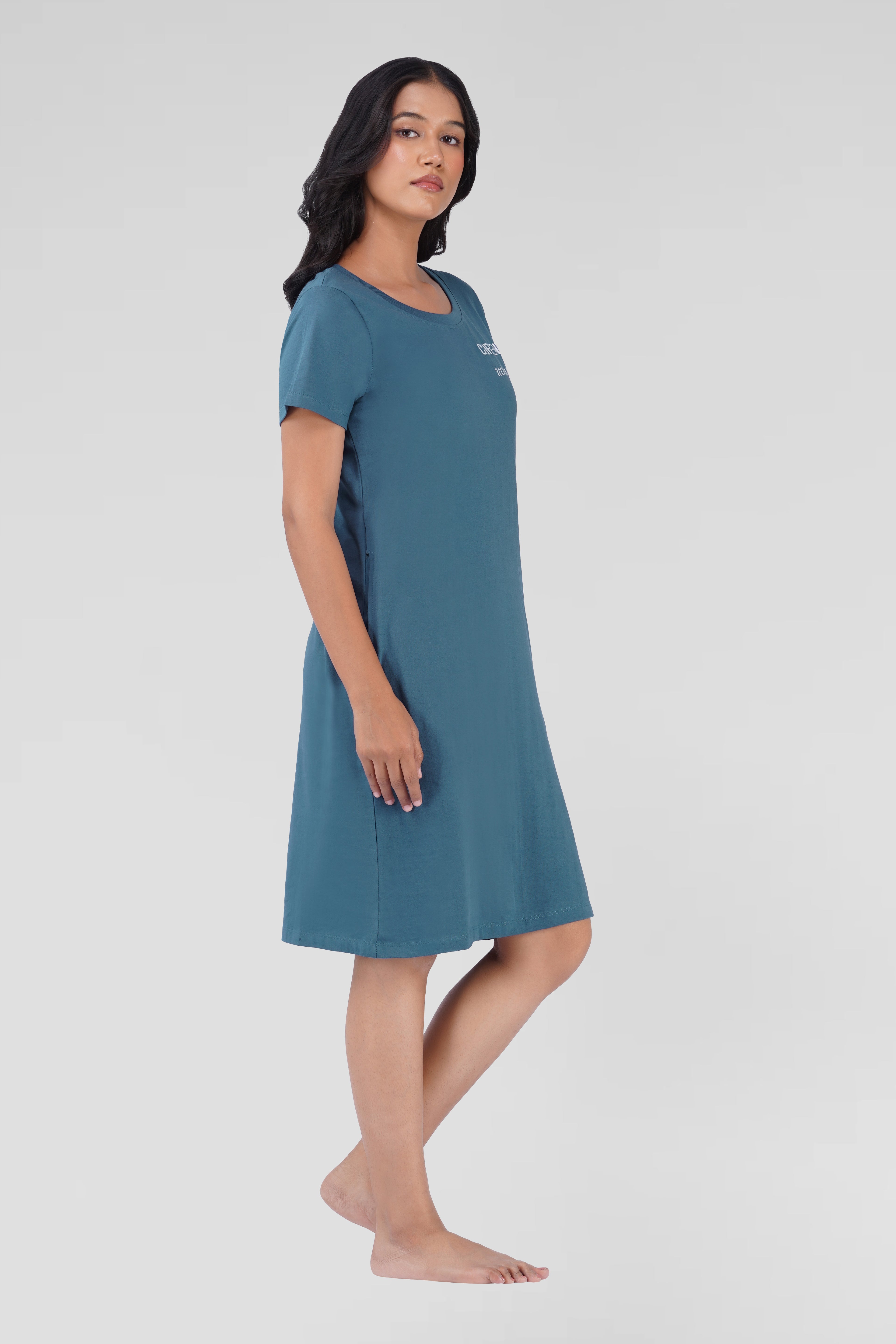 Cool Blue Cotton Printed T-Shirt Nightdress