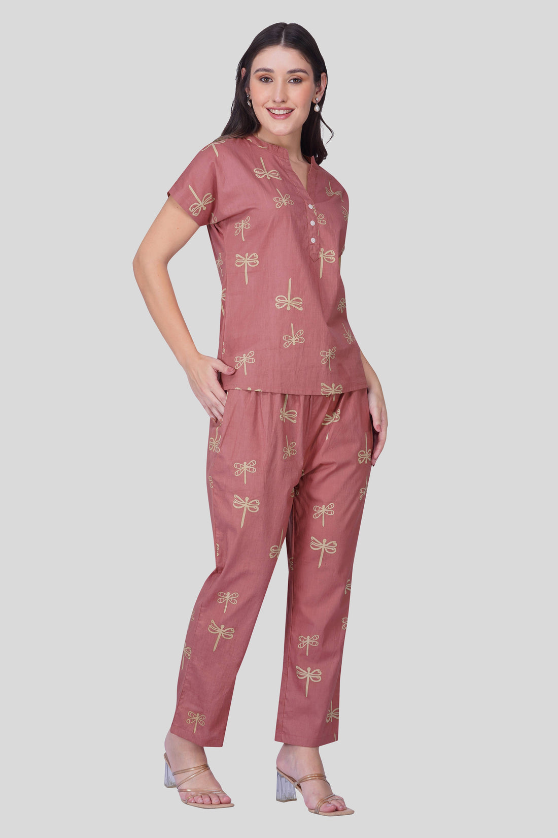 Cool Pink Notch Collar Cotton Printed Pyjama Set
