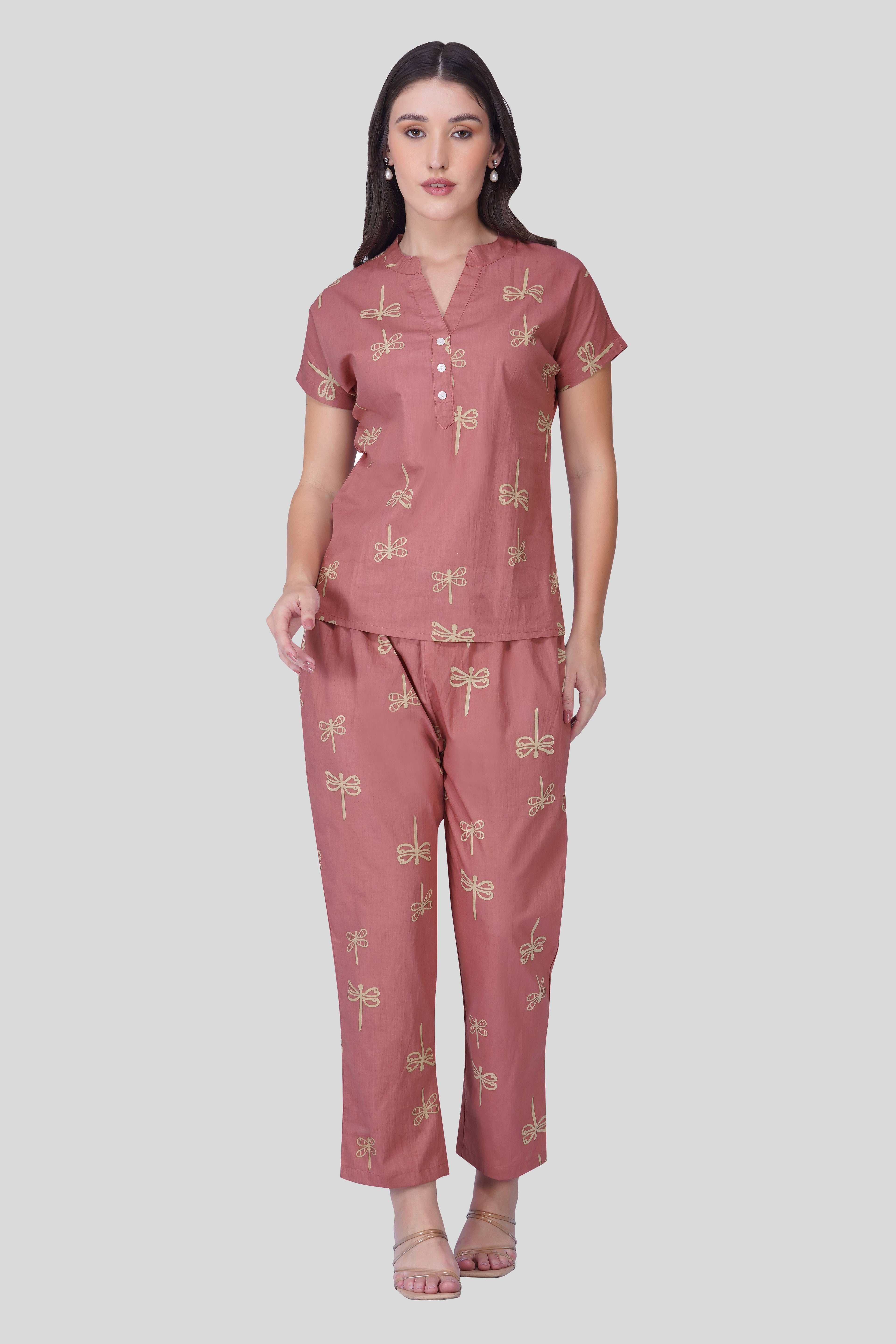 Cool Pink Notch Collar Cotton Printed Pyjama Set