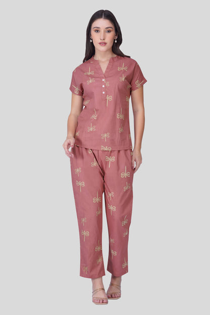 Cool Pink Notch Collar Cotton Printed Pyjama Set
