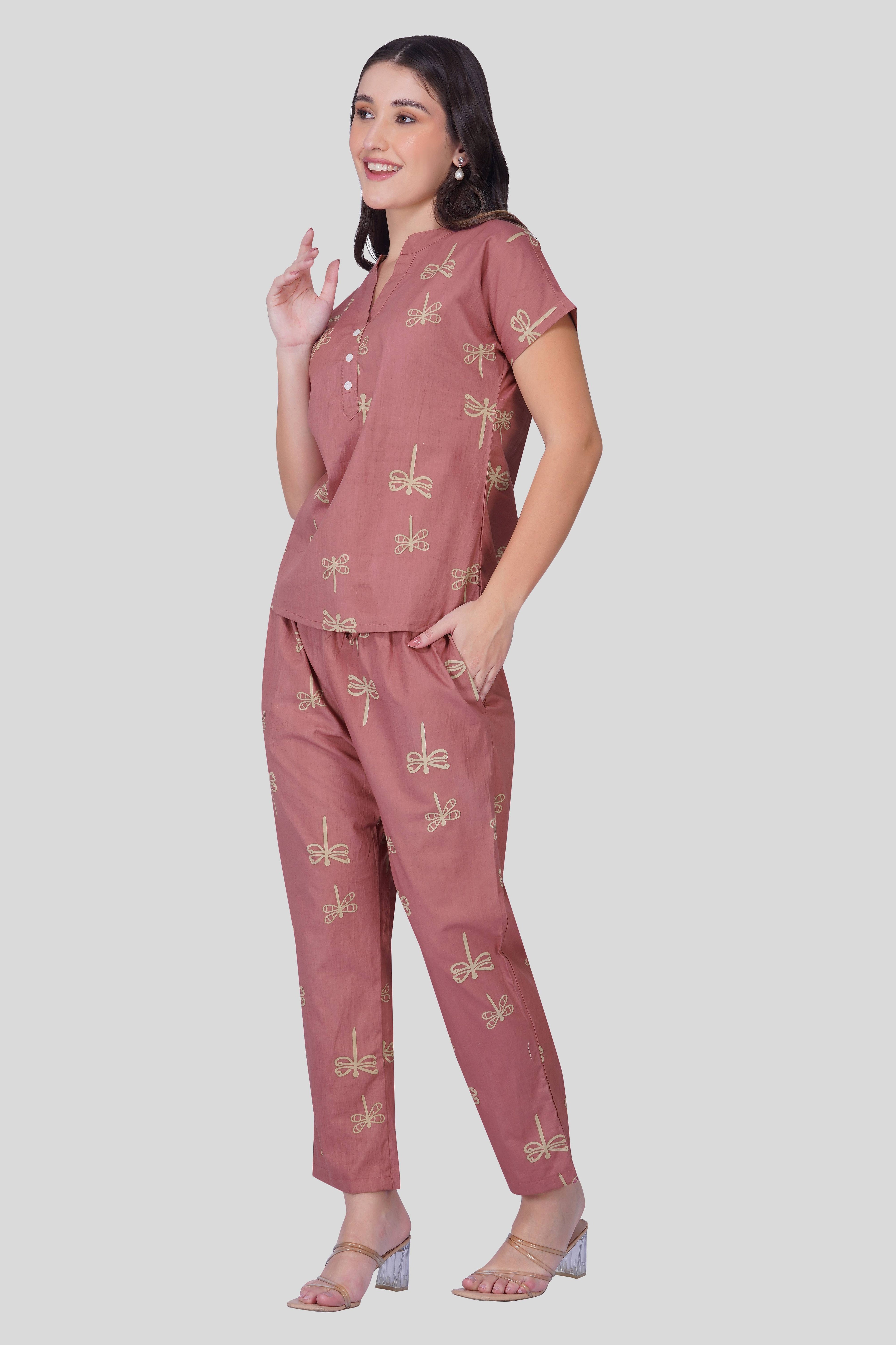 Cool Pink Notch Collar Cotton Printed Pyjama Set