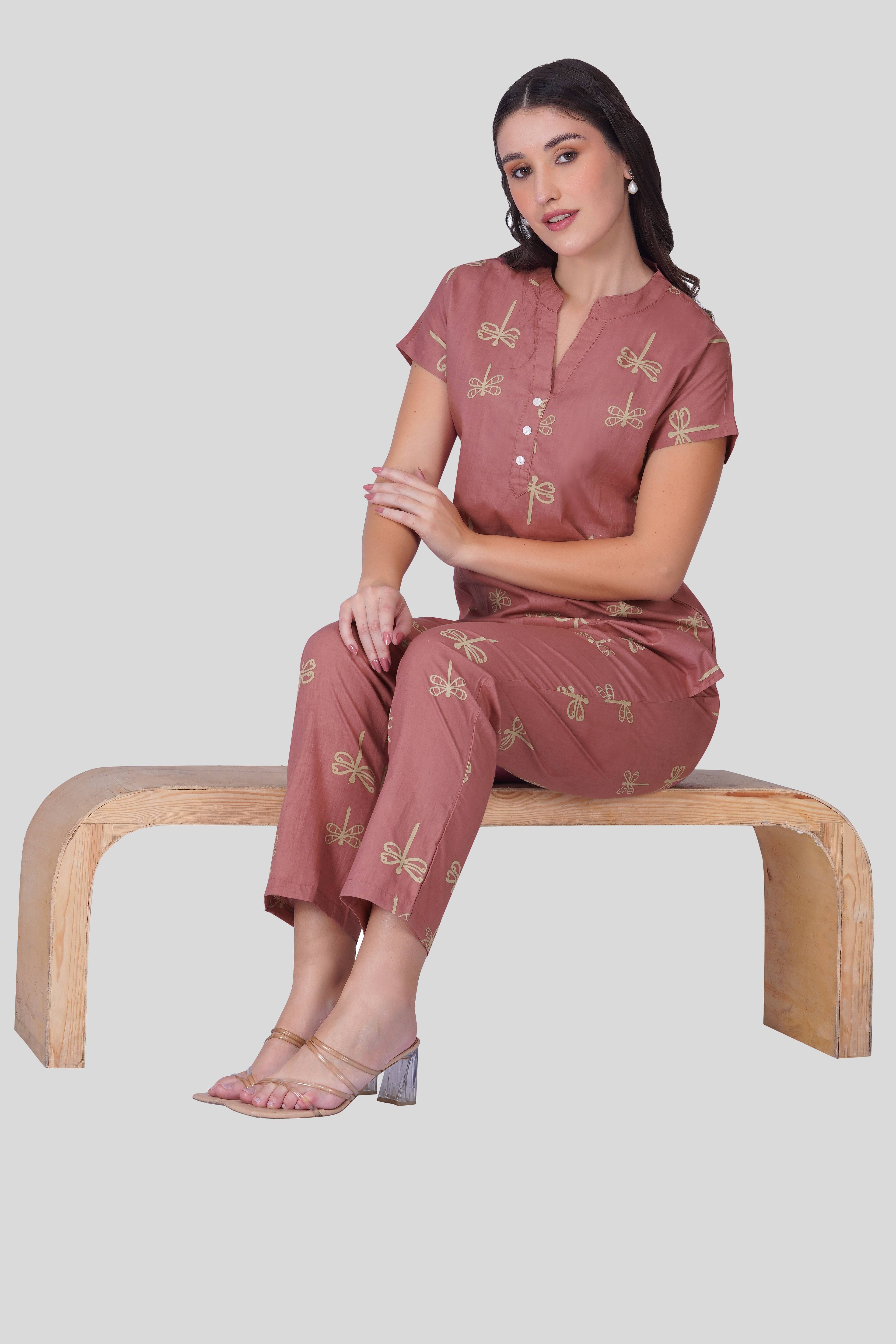 Cool Pink Notch Collar Cotton Printed Pyjama Set