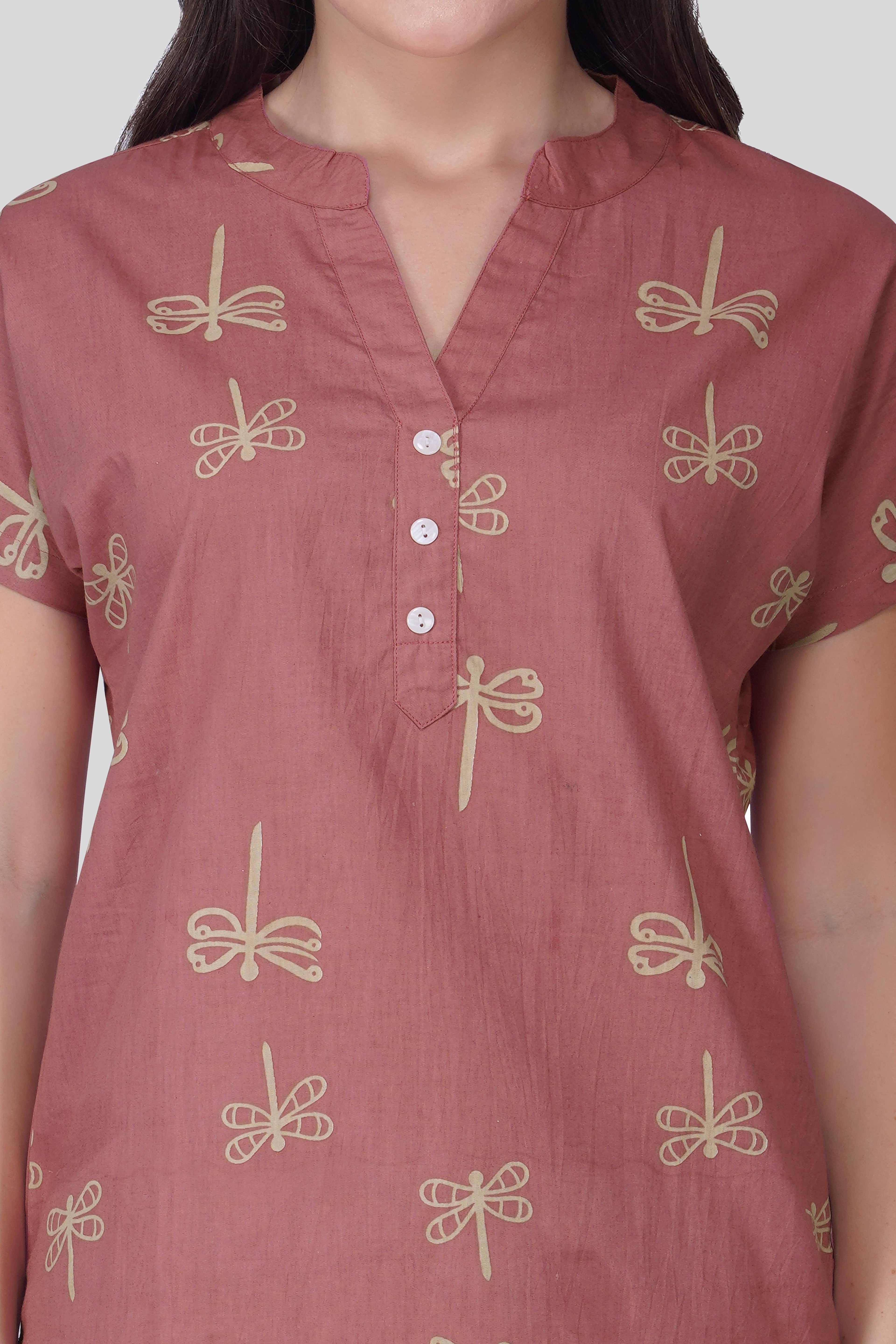 Cool Pink Notch Collar Cotton Printed Pyjama Set