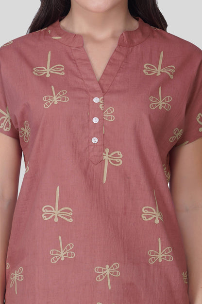 Cool Pink Notch Collar Cotton Printed Pyjama Set