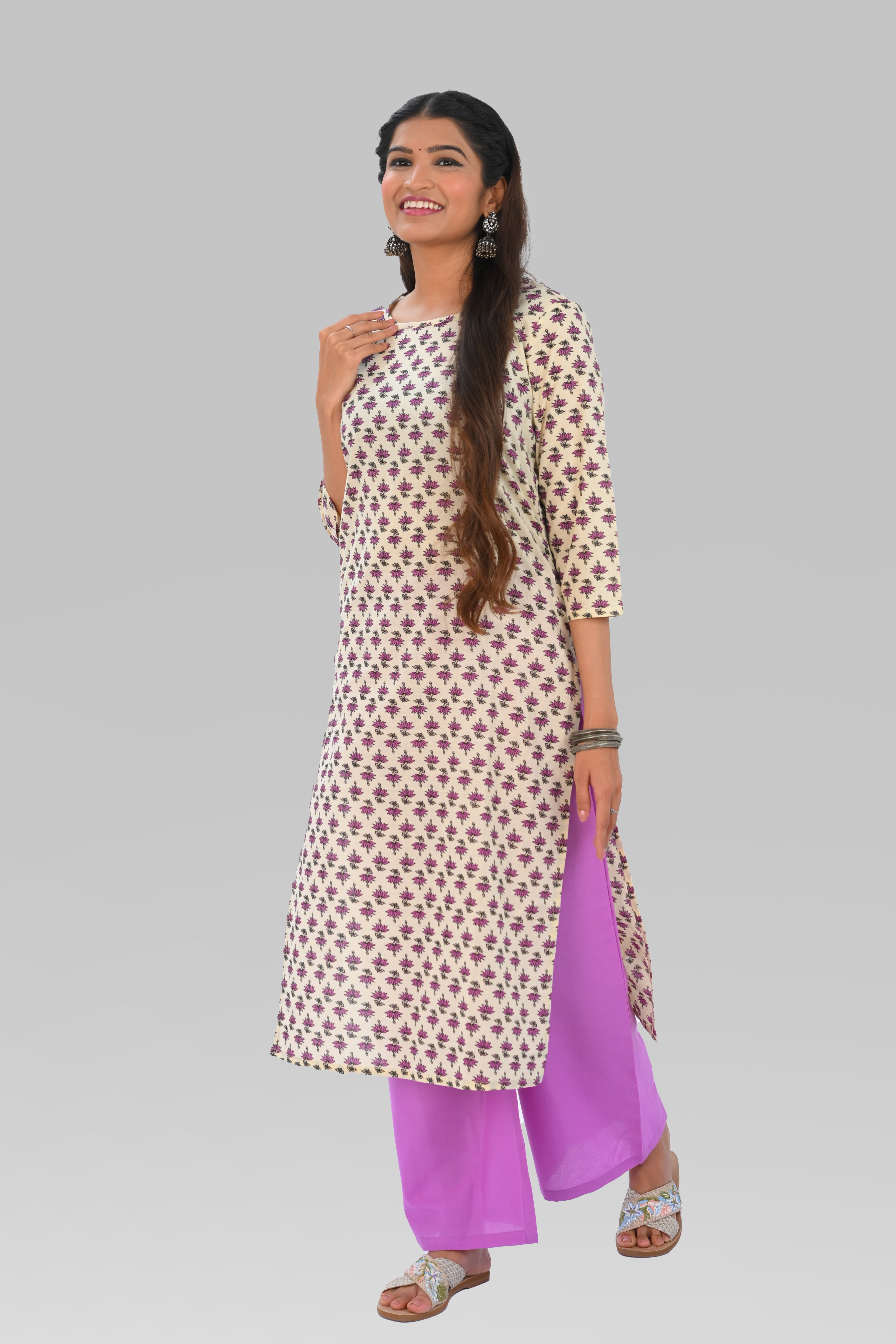Cream Cotton Printed Kurta Set